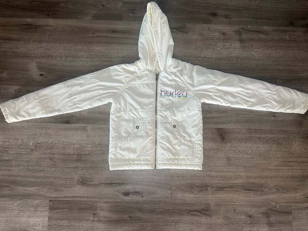 Hurley Kids Puffer Jacket Size M White Full Zip Hooded